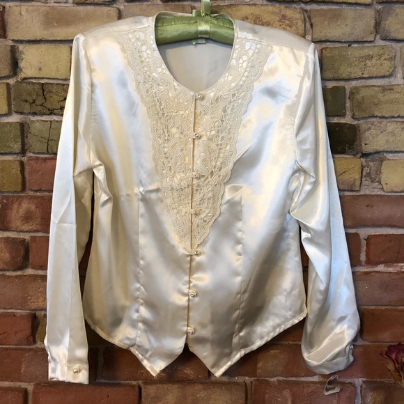 Impressions Tops - Vintage 80s cream satin blouse size 10